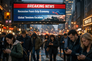 People walking on a busy city street with a breaking news billboard above them, representing the persistent ambient anxiety of a world that feels more dangerous and uncertain.