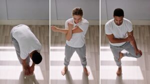 Person doing desk stretches representing movement snack options for busy people