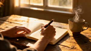 Person journaling in the morning as part of a slow living lifestyle routine