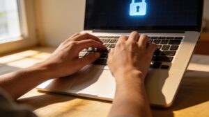 Person looking at security warning on laptop representing the need to know how to stay safe online