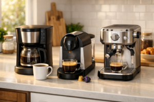 Person looking confused choosing the best coffee maker for home use in a store