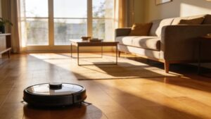Person looking thoughtfully at robot vacuum box representing the question is a robot vacuum worth it