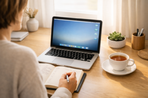 Person maintaining a clean digital workspace after completing a full digital declutter