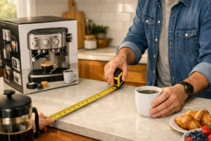 Person measuring kitchen counter space before choosing best coffee maker for home use
