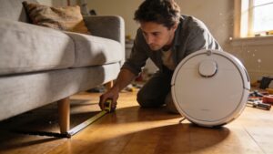 Person measuring under sofa gap before buying robot vacuum to answer is a robot vacuum worth it for their home