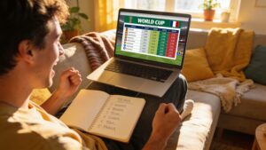 Person planning how to follow the World Cup 2026 with schedule on laptop and notebook