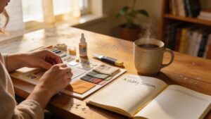 Person planning their creative hobby session in a journal representing how to stick with creative hobbies for adults