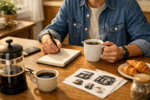Person planning which is the best coffee maker for home use at their kitchen table