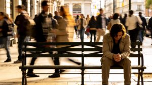 Person sitting alone in a busy city representing isolation at the heart of the global mental health crisis