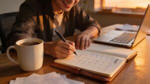 Person tracking movement snack habit in journal representing how to make movement snacks permanent for busy people