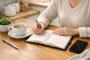 Person using a physical planner instead of their phone to reduce screen time