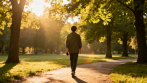Person walking peacefully in nature embracing the slow living lifestyle