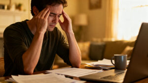Person with tension headache showing physical signs of chronic stress