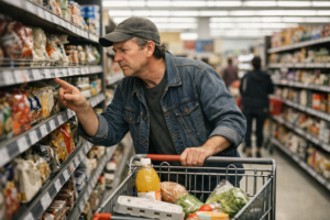 Shopper studying grocery prices in supermarket illustrating the everyday impact of the cost of living crisis