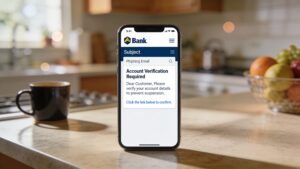Smartphone showing a phishing email representing the threats people face when learning how to stay safe online