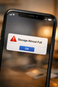Smartphone showing storage full warning highlighting the need for digital declutter