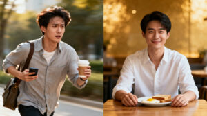 Split image comparing hustle culture versus the slow living lifestyle