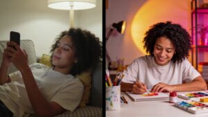 Split image showing passive scrolling versus active creative hobby for adults