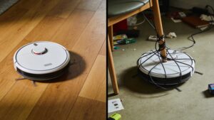 Split image showing robot vacuum working well on clear floor versus getting stuck on cluttered floor