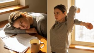 Split image showing sedentary sitting versus movement snack break for busy people
