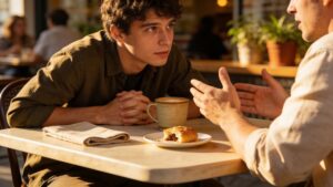 Two people in genuine supportive conversation representing the human response to the global mental health crisis