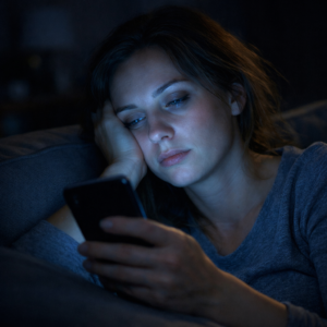 Woman suffering from excessive screen time late at night on her smartphone