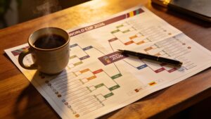 World Cup 2026 bracket and group stage table on desk showing how to follow the World Cup 2026 format