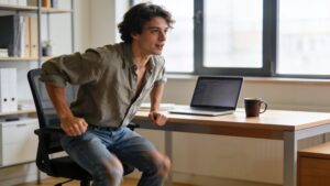 Office worker doing chair squats at desk showing movement snacks for busy people in practice
