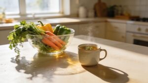 A bright modern kitchen counter displaying fresh organic vegetables and a warm mug of herbal tea in the morning sun.
