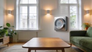 A central control hub and smart speaker displayed on a modern kitchen counter.