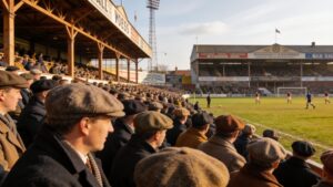 A classic vintage stadium archive photograph showcasing early football fans watching an international championship match under open skies.