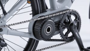 A close-up product shot of an oil-free carbon belt drive and internal gear hub on an electric bike.
