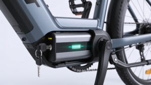 A close-up showing a modern removable down-tube battery being unlocked from a commuter electric bike.