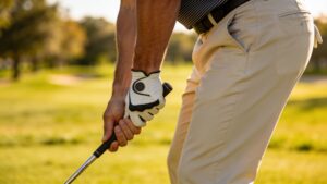 A close-up side profile of a golfer demonstrating perfect, stress-free spinal alignment at address.