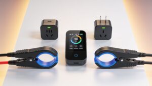 A complete smart home energy monitor hardware package featuring sensor clamps, main hub, and smart plugs.