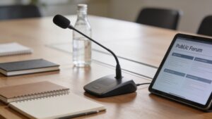 A conference table setup featuring a desktop microphone, notepad, and digital tablet ready for an open diplomatic forum session.