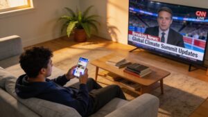A consumer engaging with a smartphone app while simultaneously watching an international live news broadcast.