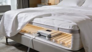 A contemporary bed setup featuring an integrated smart mattress cooling topper for thermal sleep regulation.