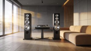 A contemporary minimalist home listening room featuring premium high-fidelity tower speakers and a modern turntable setup.