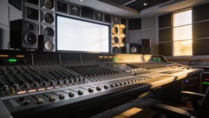 A contemporary post-production sound mixing room showing advanced audio consoles and a multi-speaker spatial surround sound array.