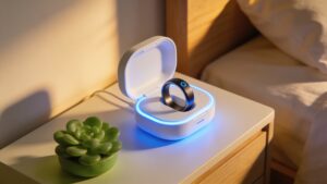 A contemporary sleep tracking smart ring charging on a minimalist bedside table next to a succulent.