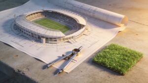 A contemporary stadium engineering blueprint next to professional design tools and a sample block of modern hybrid sports turf.