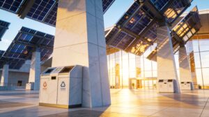 A contemporary sustainable convention center featuring a solar panel glass roof and integrated waste recycling stations.