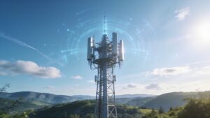 A contemporary telecommunications tower transmitting high-speed, low-latency data streams to surrounding edge processing nodes.