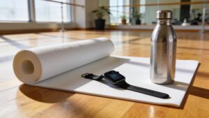 A contemporary workout setting displaying physical exercise gear and a smart fitness tracking watch.