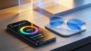 A digital application displaying personal daylight metrics beside clear blue-light filtering workspace glasses.
