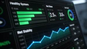 A digital diagnostics interface displaying perfect operational health and network resilience scores for an edge server array.