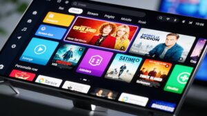 A digital smart TV screen displaying an organized streaming video platform dashboard with custom content rows.