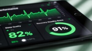 A digital sports telemetry interface displaying real-time heart rate variability and recovery readiness metrics.