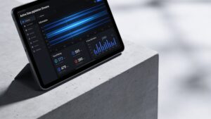 A digital tablet interface displaying a software engineering dashboard tracking clean whole data pipelines and information validation metrics.